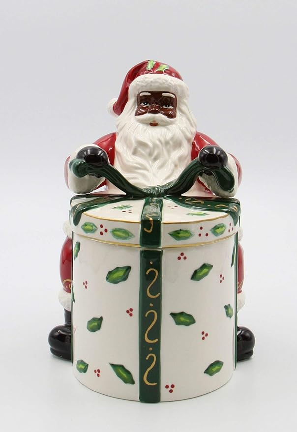 Ceramic African American Santa Opening Present Cookie Jar, 10″ H